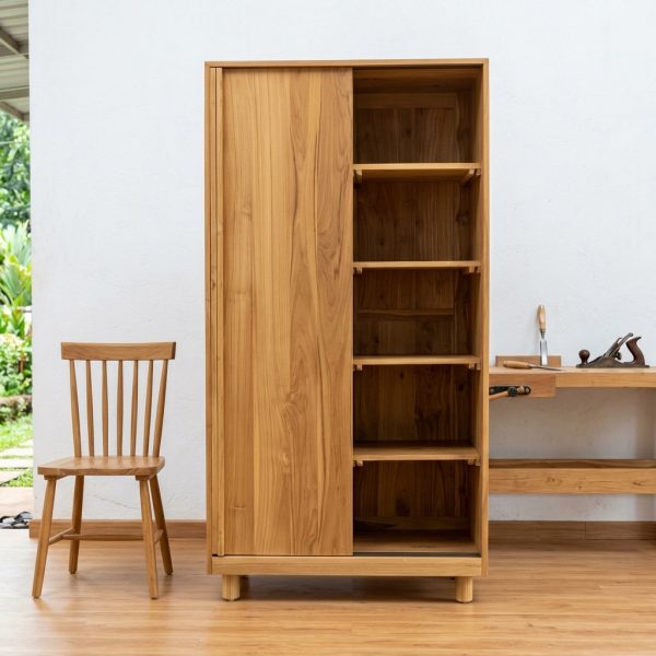 Lemari kayu jati pintu 2 dengan desain minimalis dan fungsi praktis untuk ruang kamar tidur