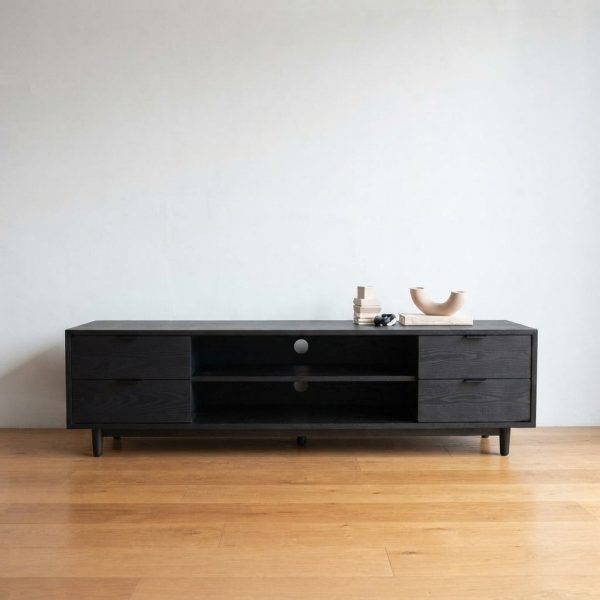 Meja TV Kayu Jati Natural Black / Cabinet TV Minimalis Retro / Rak TV Pintu & Laci Penyimpanan