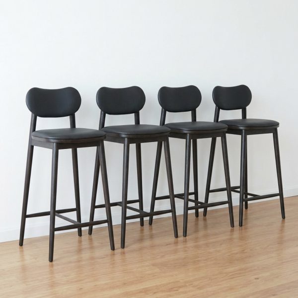 Kursi Bar Kayu Jati Hitam Minimalis Scandinavian Modern / Bar Stool Sandaran Busa Hitam Leather Elegan
